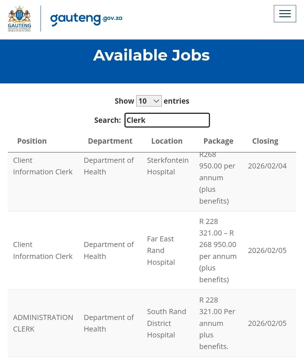 CarolBoitumelo1's tweet photo. Department of Health is Hiring CLERKS

📌Administration Clerk x13
📌Finance Clerk
📌Finance Clerk (Supervisor)
📌Human Resource Clerk
📌Material Recording Clerk
📌Client Information Clerk
📌Admin Clerk (Support OHS Projects)
📌Senior Administration Clerk (Management Support Services)

Location: Gauteng 

Salaries and Closing dates are indicated on the images below 👇👇👇 

Link to Apply: https://t.co/cRrptwcJup