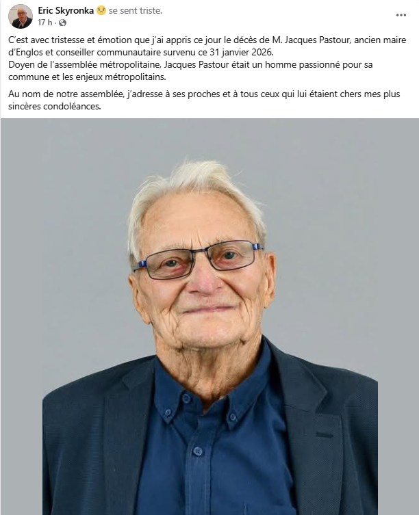 Les élus du groupe <a href="/MPC_MEL/">MPC</a> s'associent aux mots d'Eric Skyronka, Président de la <a href="/MetropoleLille/">Métropole Européenne de Lille</a>  et adressent leurs plus sincères condoléances à la famille et aux proches de Monsieur Jacques Pastour.