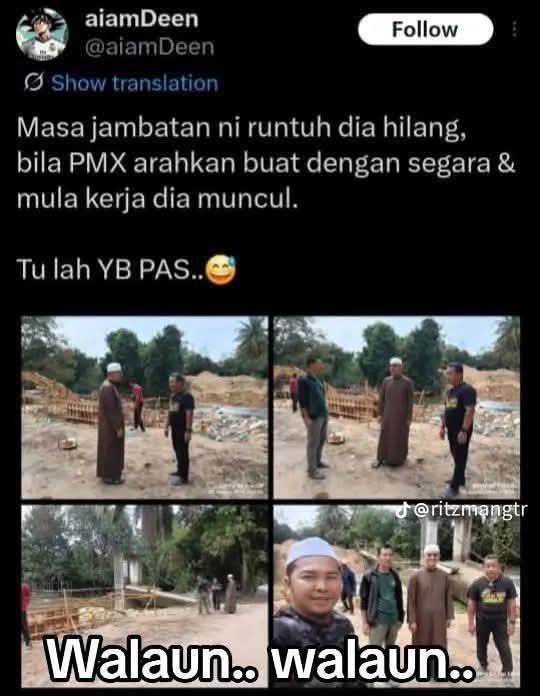 KETIKA JAMBATAN RUNTUH YB PAS TIDAK KELIHATAN. APABILA PMX LULUSKAN PERUNTUKAN SEGERA, TETIBA SAHAJA YB PAS MUNCUL.
Tersiratnya, PAS tidak mampu bantu rakyat dalam kesusahan.
