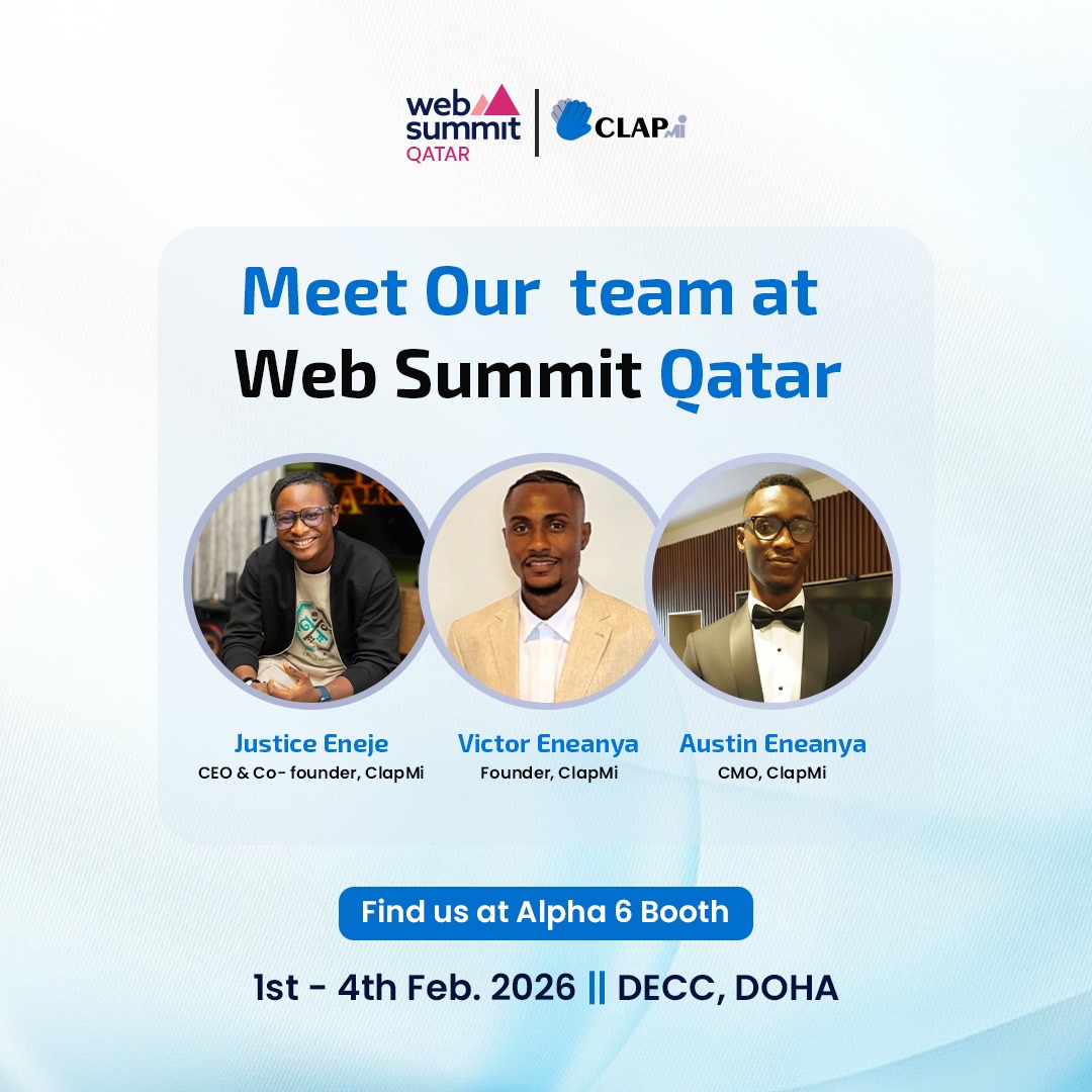 Clapmihq's tweet photo. Our Founder and Co-founders, @CHIEFIKENGA, @vikcene and Austin are present @WebSummit Qatar. If you are interested in talking about what's next for creator economy.

Find us at our booth: Alpha 6

We are also livestreaming the exhibition, Watch here: 

https://t.co/WQtaGFkmUx

#WebSummitQatar