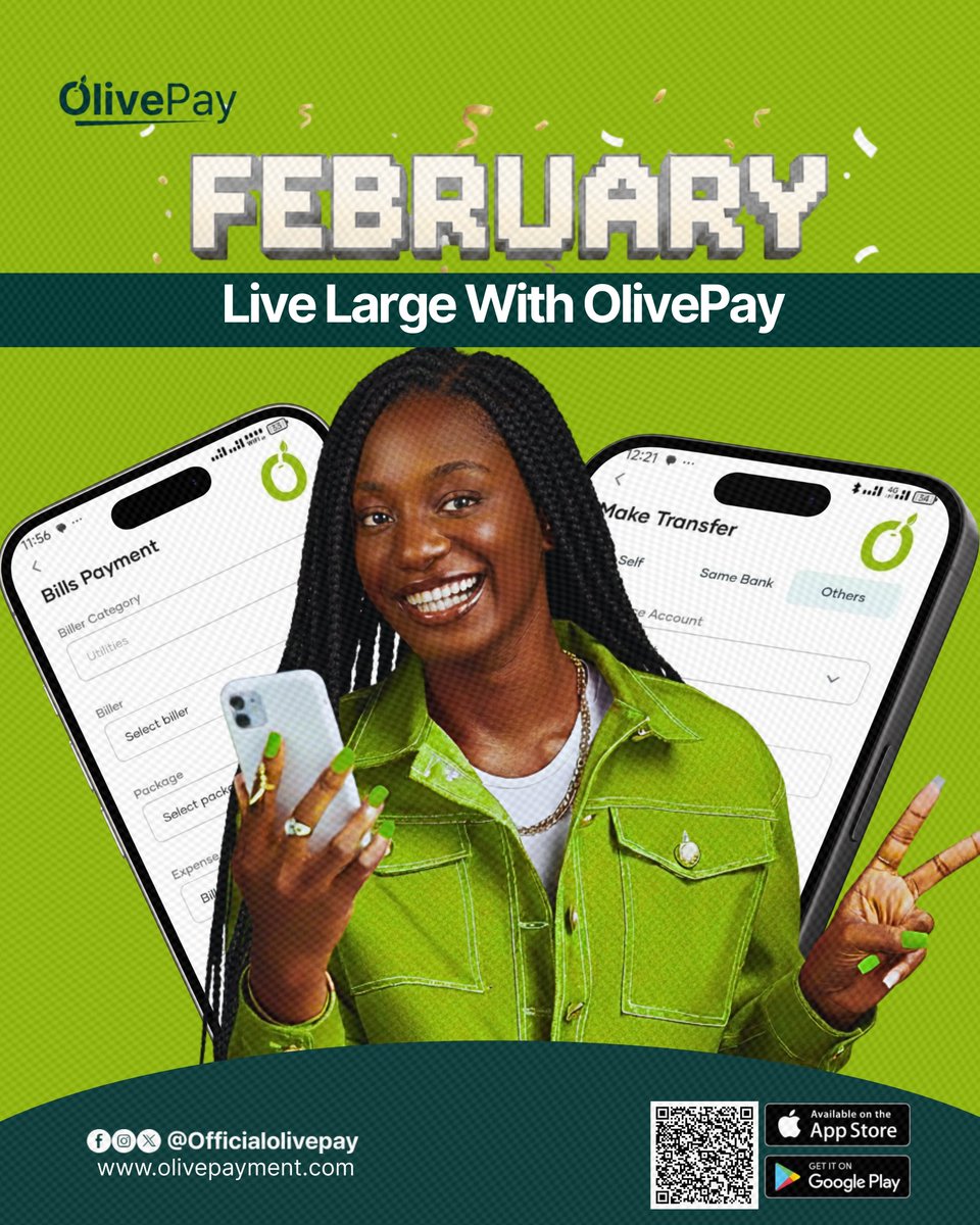 olivepayment's tweet photo. Hello OlivePay Tribe! 🟢
​This February, stay ahead and live large with OlivePay. 🚀
​📌 Transfer Seamlessly 
📌Receive Payments: Zero interruptions for your hustle.
📌Pay Bills: Do it with swag 😎.
​Cheers to a new week of progress. 📈
​#OlivePay #PaySeamlessly #February https://t.co/9lIiXtXfn5