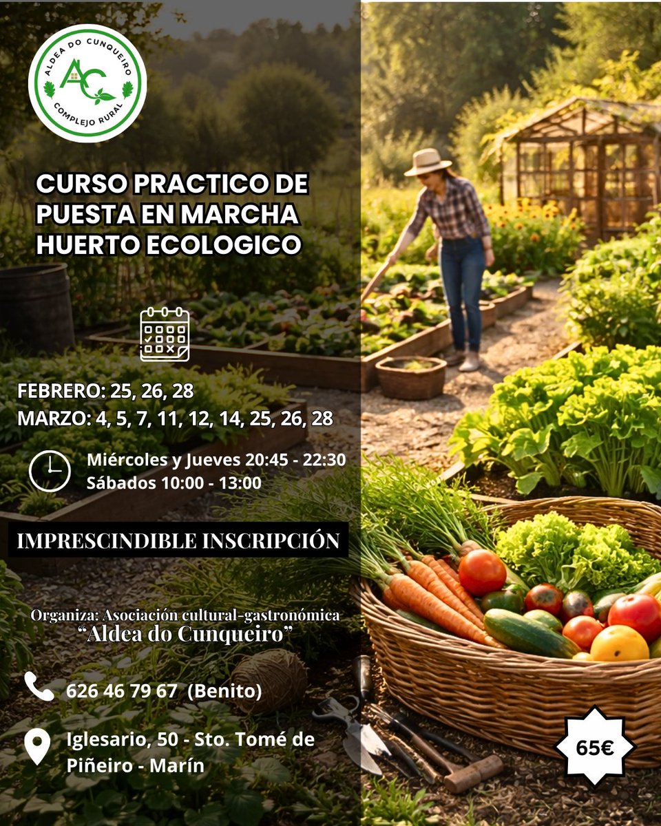 🌱 Curso práctico de puesta en marcha de huerto ecológico

Participa y aprende haciendo
✔️ Diseño del huerto
✔️ Compostaje y suelo fértil
✔️ Siembra, riego y control ecológico de plagas
✔️ Prácticas reales en huerto

💶 65 € | 📩 Plazas limitadas
📞 626 46 79 67
#HuertoEcológico