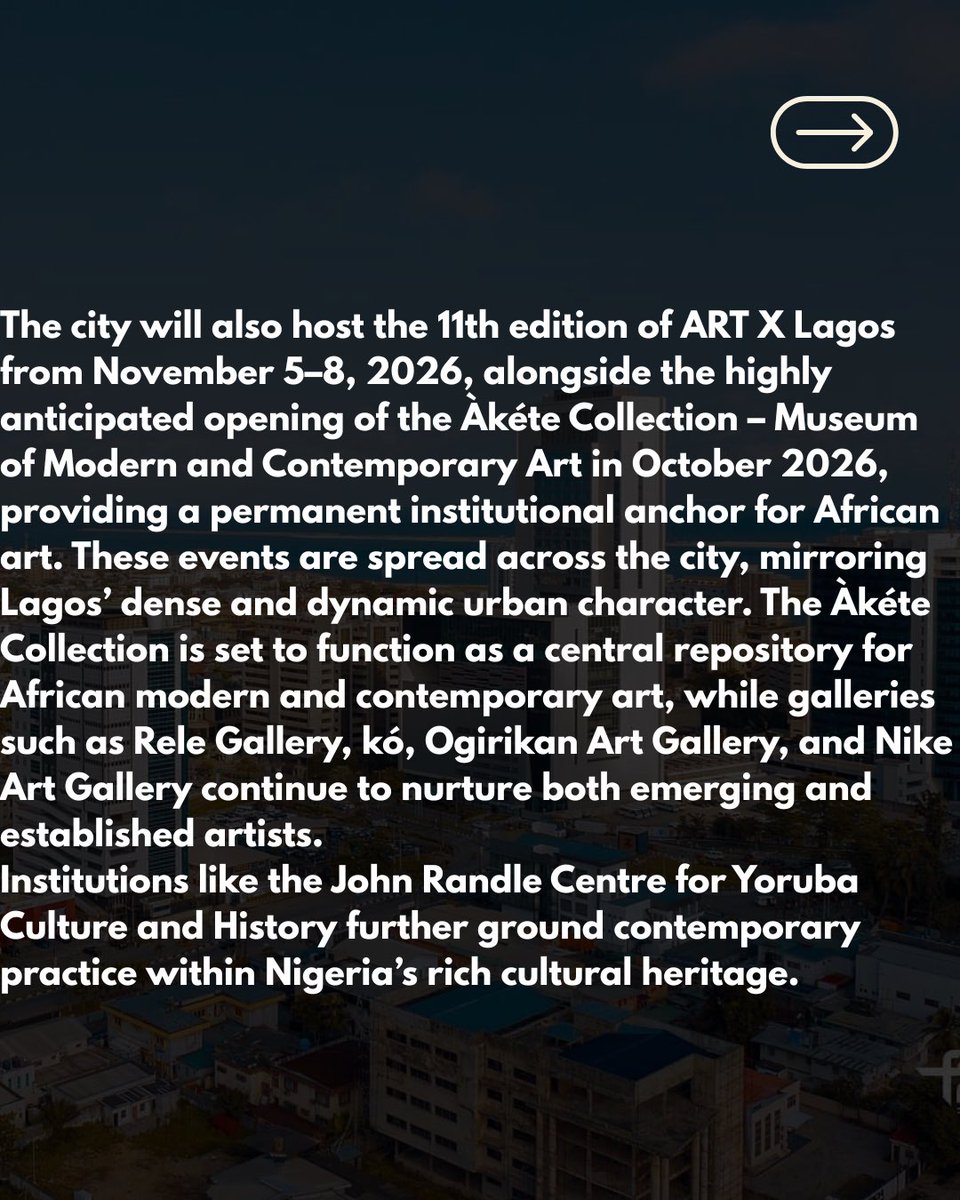 Kyekyekule_af's tweet photo. The recognition comes ahead of a major art year for Lagos, with the 5th Lagos Biennial, ART X Lagos (Nov 5–8), and the opening of the Àkéte Collection Museum in October 2026.
#art #kyekyekuleafrica #africanart #lagos #globalart https://t.co/GnuxT4tGwB