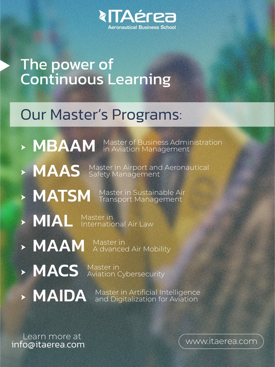 🌟 2026: Master the Art of Aviation Management 🌟

At ITAérea, our master’s programmes are designed to provide aviation professionals with the knowledge, skills, and global perspective needed to face today’s challenges and tomorrow’s opportunities.

More info 📩 info@itaerea.com