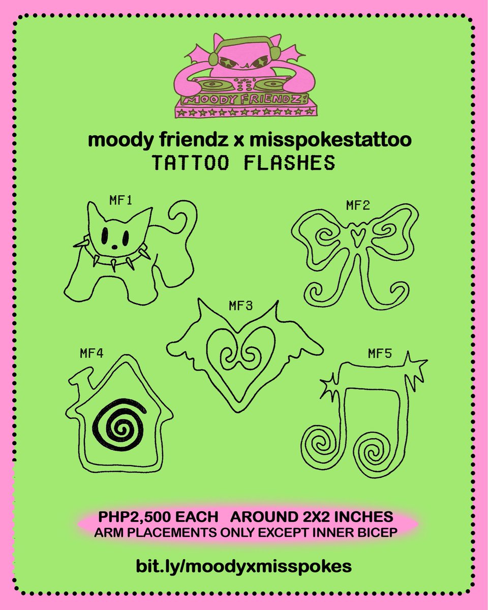 the_moody_club's tweet photo. MOODY FRIENDZ X MISSPOKESTATTOO FLASHES 

Get a tattoo from the one and only misspokestattoo on Feb 7, 2026 (Saturday) at Gimenez Gallery from 11AM - 8PM 🩷

Flash tattoos are repeatable and in fixed sizes!

Book via https://t.co/NBWz7dR3fm https://t.co/I7EOZUZngr