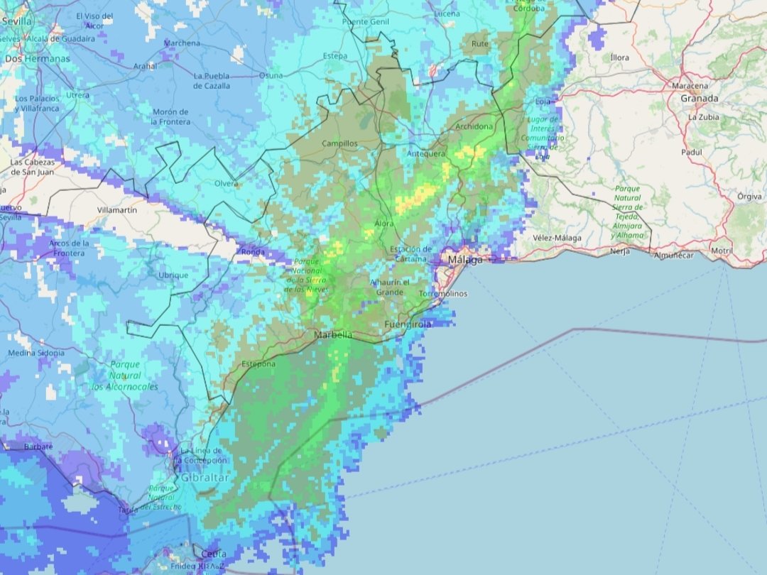 Frente inusual a modo línea de turbonada a su paso por la provincia de #Málaga. Especial atención, no solo a la lluvia intensa, también a las fuertes rachas de vientos asociadas e incluso al granizo.