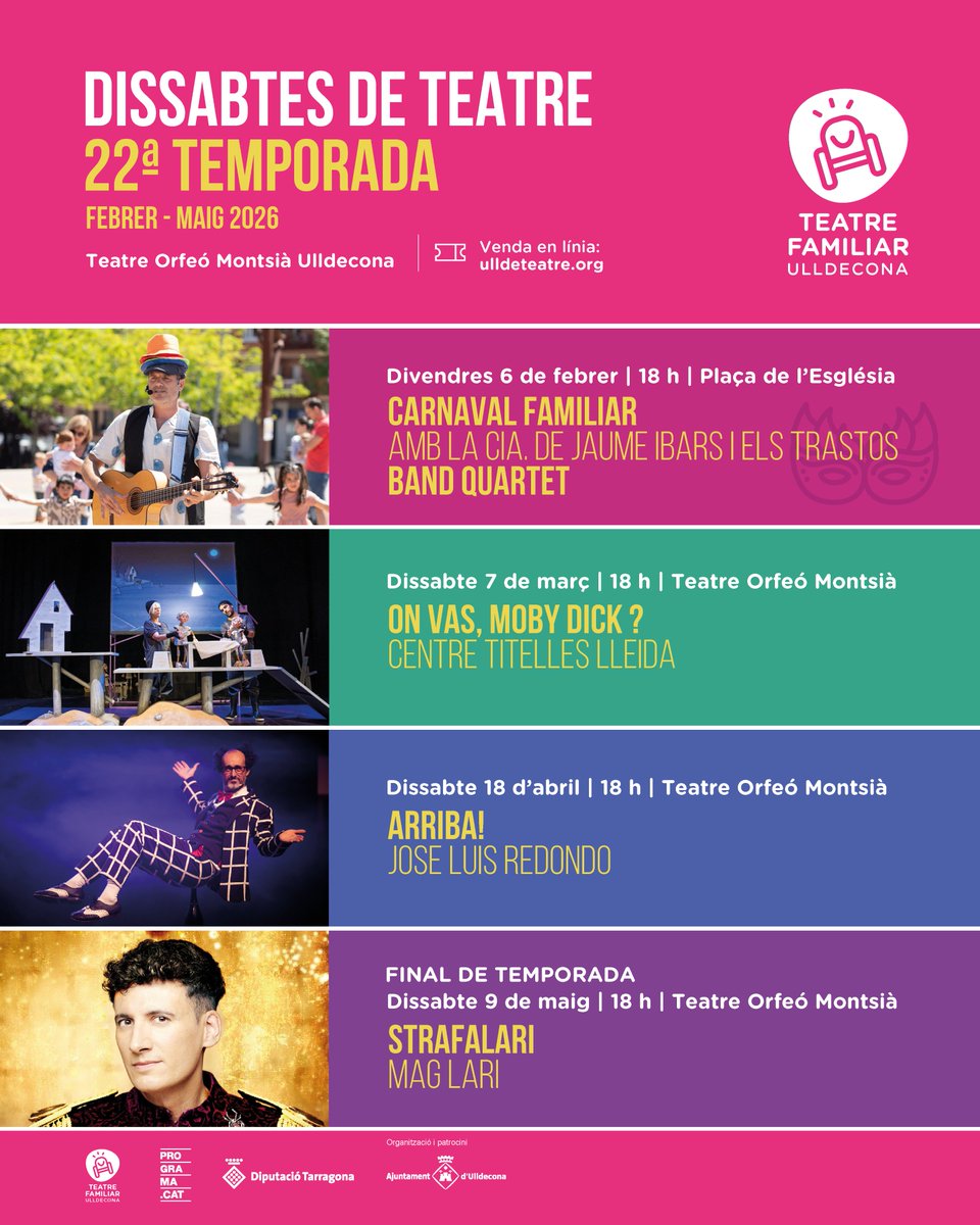 Aquest divendres arrenca el Carnaval 🎉 I després... que no pari el teatre amb la programació cultural dels ‘Dissabtes de Teatre’ 
 🎼🎸🎷🎤😂 Sense baixar el ritme, fem bategar l’escena al Teatre Orfeó Montsià: