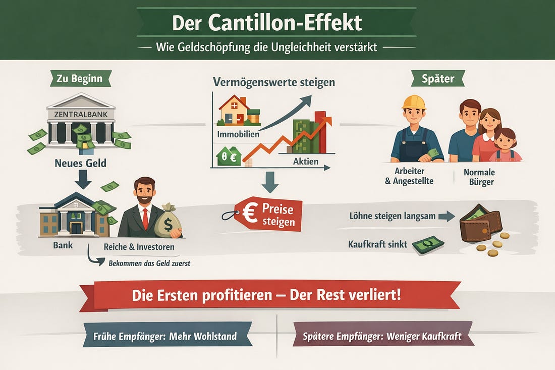 "Der Cantillon-Effekt besagt, dass wenn neues Geld in eine  Volkswirtschaft gelangt, profitieren zuerst diejenigen, die es als Erste  erhalten: Banken, der Staat, Großinvestoren. Später steigen Preise, während Löhne verzögert folgen – wodurch spätere Empfänger reale  Kaufkraft