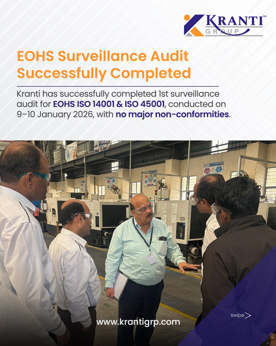 KrantiIND's tweet photo. We are delighted to share the successful completion of our 1st Surveillance Audit for EOHS – ISO 14001 &amp; ISO 45001, conducted on 9th–10th January 2026.
This audit reaffirms our structured and consistent approach to environmental compliance, risk-based safety management, https://t.co/qNu1oXBzZB