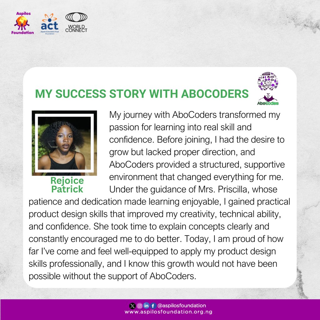 We often talk about bridging the digital divide, but our participants say it best. Check out the success stories of women thriving post-AboCoders Project! 

These stories highlight the lasting impact of our work. 

#AspilosFoundation #AboCoders #SuccessStories #WomenInTech