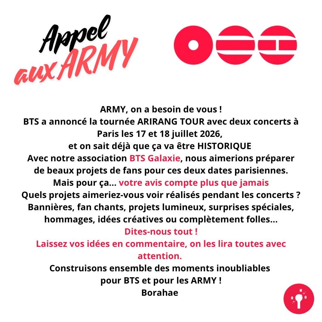 BTS_Galaxie's tweet image. ARMY, à vous la parole ! 🎤

À l’occasion des concerts de BTS à Paris les 17 &amp;amp; 18 juillet 2026, notre association souhaite préparer de beaux projets !

Qu'aimeriez-vous voir lors des concerts ? 💡

Toutes vos idées sont les bienvenues en commentaires 💬

#BTS_ARIRANG #BTS