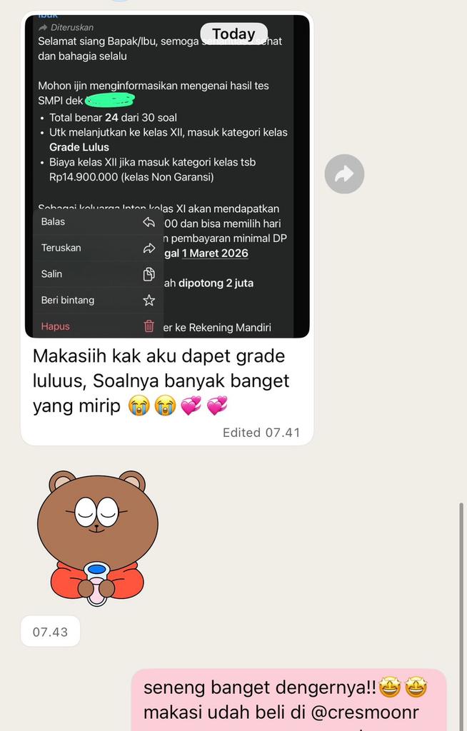 cresmoonr's tweet photo. TESTI 02/02/2026

wts soal asli tes aptitude inten tes masuk inten tahun 2024 &amp; 2025 (ada soal terbaru November 2025) for 🤍13k🤍

inc :
1. total 117 soal
2. ⁠kunci jawaban + pembahasan
3. ⁠free tutor lengkap 

WA / https://t.co/MwDRBWPAdo

#studytwt #zonauang #inten #buten https://t.co/ZULZo6pwlT
