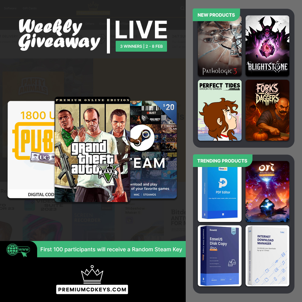 Our Weekly #Giveaway is Live!

Participate for a chance to win GTA V Online Premium Edition Rockstar Games, #Steam $20 USD Gift Card and #PUBG Mobile 1800 UC Gift Card.

To participate visit: premiumcdkeys.com/pages/weekly-g…

#Contest ends on 08 February 2026, 3 Winners will be selected