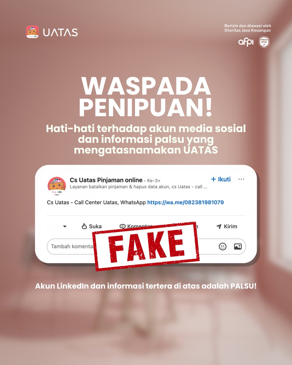 Hati-hati terhadap akun media sosial dan informasi palsu yang mengatasnamakan UATAS dan Customer Service UATAS!

Pastikan Kawan menghubungi Customer Service resmi UATAS melalui Call Center 1500 038, email support@uatas.id , atau Whatsapp resmi di nomor +62 821-2553-2191.
Segala