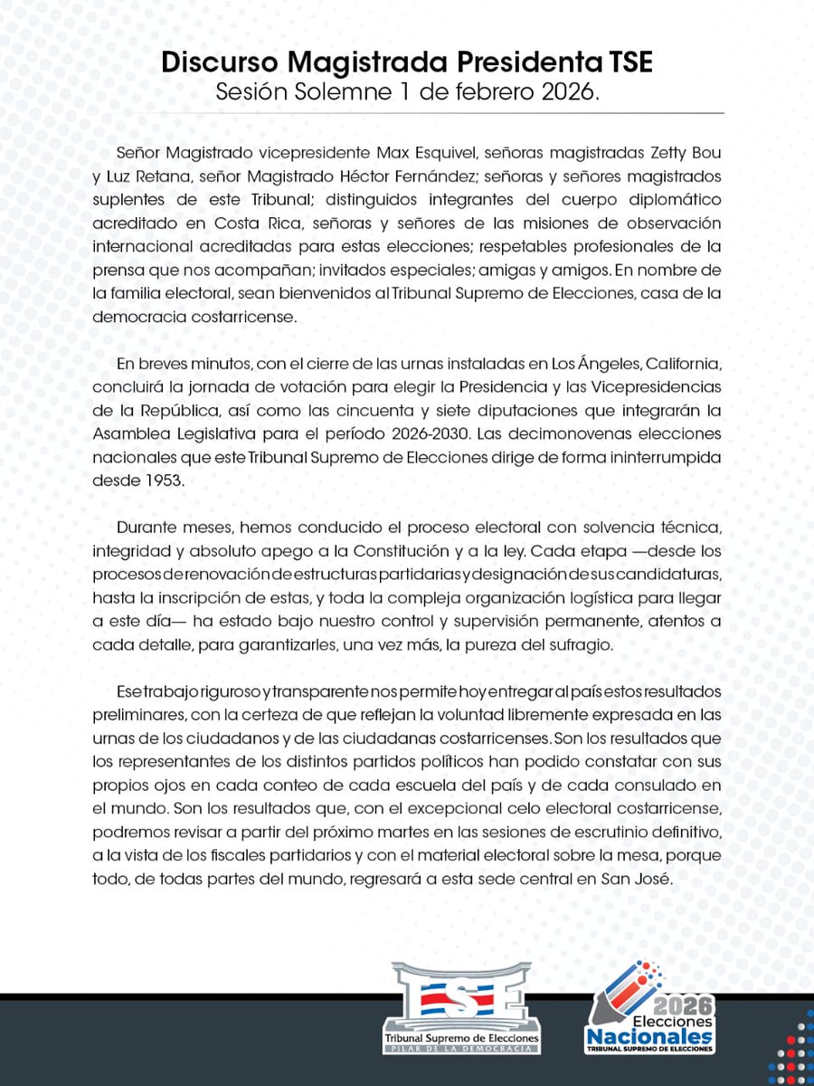 TSECostaRica's tweet photo. Compartimos el discurso de doña Eugenia Zamora Chavarría, Magistrada Presidenta del TSE con motivo de la Sesión Solemne de Transmisión de Resultados Preliminares. https://t.co/c78O2RnaHk