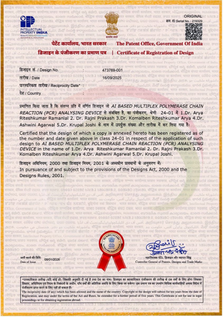 Proud to share a major milestone! 🇮🇳
Design Registration granted by the Patent Office, Govt. of India for “AI-Based Multiplex PCR Analysing Device” (Design No. 473769-001).
A proud moment &amp; one more feather in the cap 🪶
#Innovation #AIinHealthcar #PublicHealth