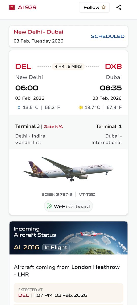 Vinamralongani's tweet photo. To ensure my flight to Dubai tomorrow is definitely operated by Vistara's and India's first B787-9 with zero last minute operational surprises, @airindia has graciously decided to park VT-TSD after it lands from London today until I board.
Outstanding commitment, lads 😁
#AvGeek https://t.co/hDp18XokQx