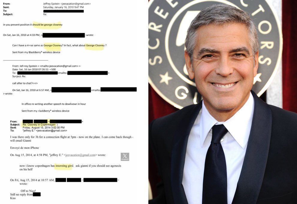 SleeplessBKKNew's tweet photo. George Clooney ก็มาด้วยเว๊ย 😂😂😂
พวกคนดังที่เป็นศัตรูกับทรัมป์นี่สนิทกับ Epstein ทุกคนเลย 
มันเป็นวงสมคบคิดกันแหงๆ
เราได้เห็นอีเมล์สมคบคิดกันสกัดทรัมป์ระหว่าง Reid Hoffman กับ Epstein แล้วว่ามีจริง
ผมตั้งสมมมุติฐานว่า Epstein พยายามสร้างเครือข่ายทางการเมืองให้แก่พรรคเดโมแครทด้วยการใช้ sex มาเป็นเหยื่อล่อ เก็บข้อมูลไว้แบล็กเมล์ โดยมีคนในพรรคเดโมแครทรู้เห็นเป็นใจด้วยอย่างลับๆ