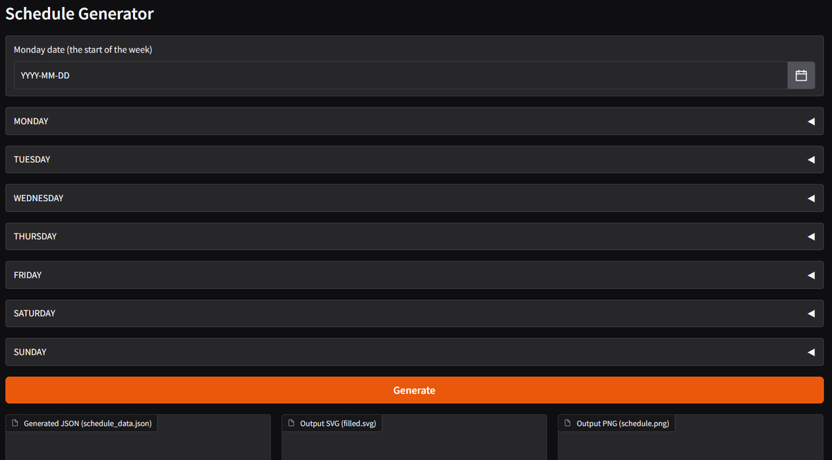 I was too lazy to take 10 minutes to open Photoshop and make a schedule, so instead I spent 6 hours making an app to do it without opening Photoshop.
And it's great.
