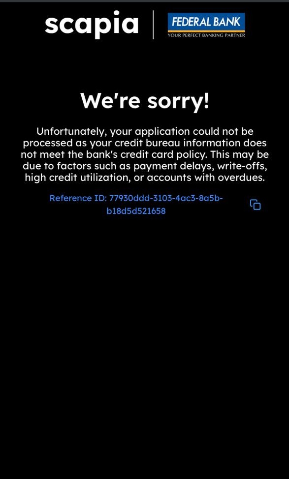 ananthan_k's tweet photo. @scapiasupport @getscapia
My friend applied card today. But showing this error without any proper reason. No transparency and auto rejection. May I know the exact reason and how to solve this. https://t.co/5Al1qOqdan