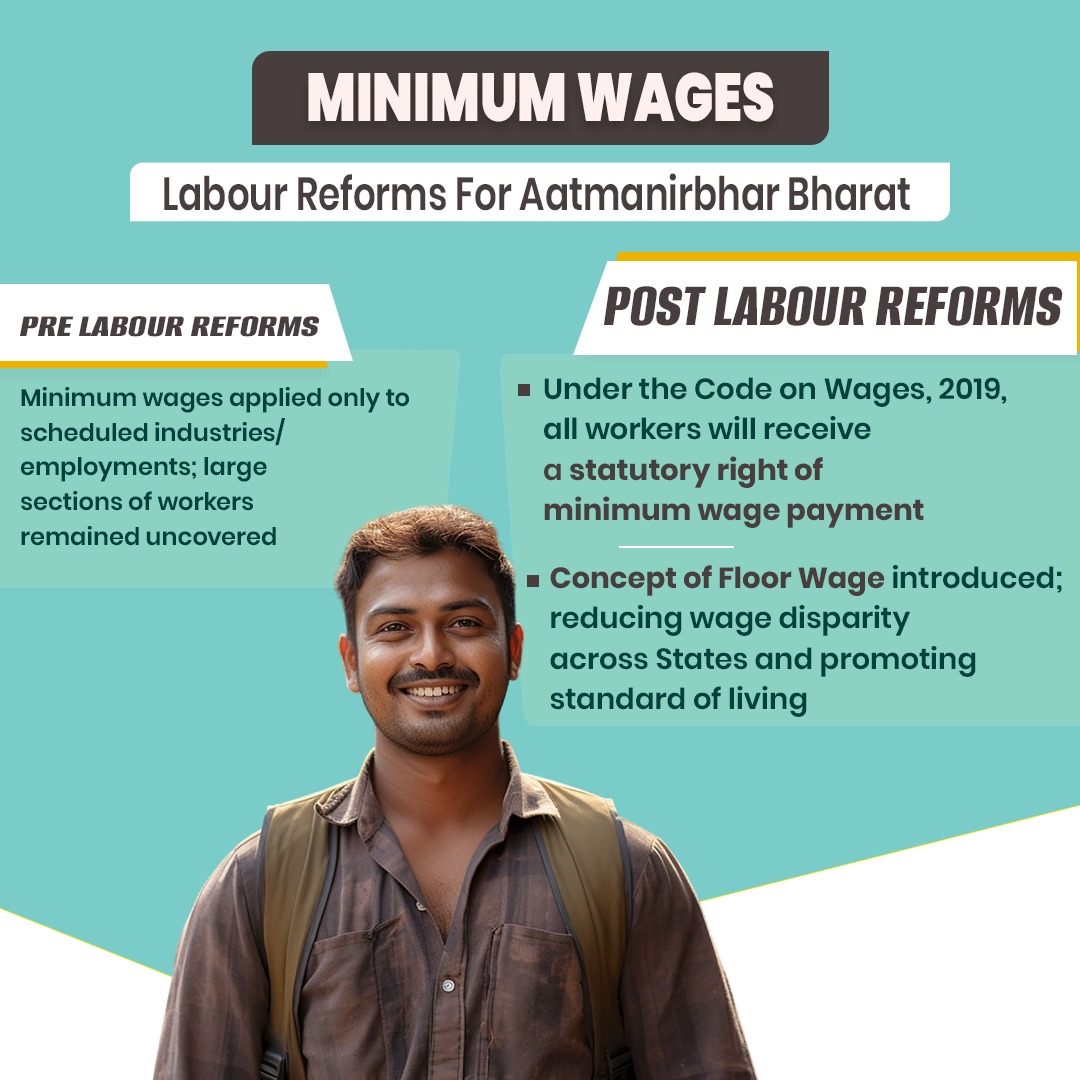 Labour Reforms for Aatmanirbhar Bharat  Ensuring Fair Wages, Strengthening India’s Workforce. With the Government bringing the Four Labour Codes into effect, minimum wage protection has been expanded to every worker.  #श्रमेवजयते #ShramevJayate

<a href="/narendramodi/">Narendra Modi</a>
<a href="/mansukhmandviya/">Dr Mansukh Mandaviya</a>