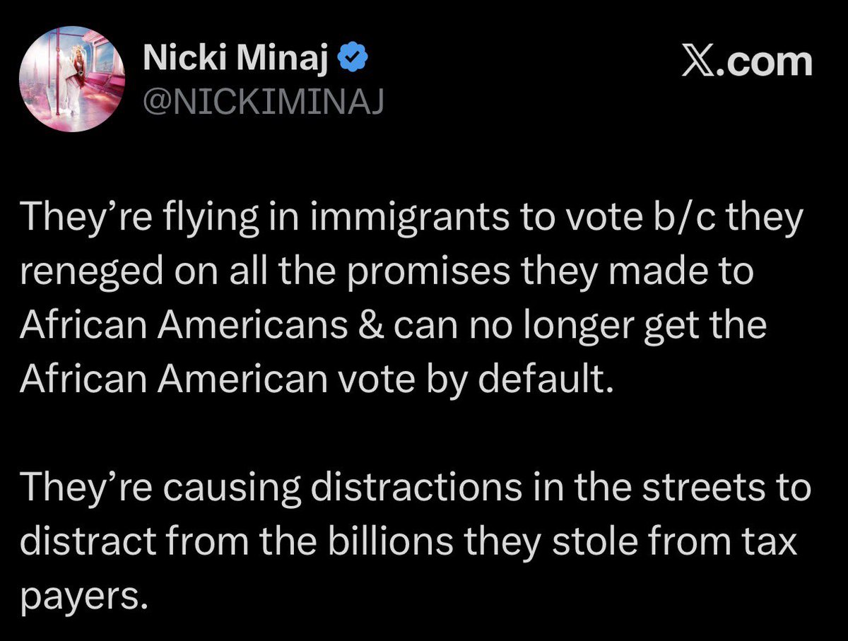 jackunheard's tweet photo. Oh my word Nicki Minaj is exposing the entire Democrat party. 

And she’s spot on. 

Keep going @NICKIMINAJ https://t.co/ex79i4aq1h