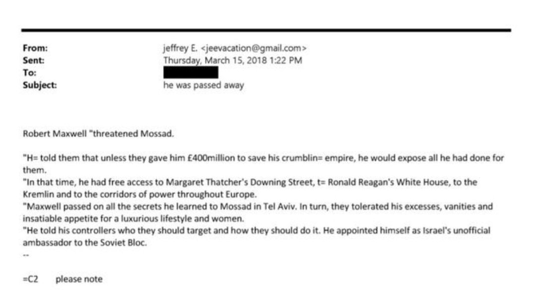 Red_Pill_US's tweet photo. Jeffrey Epstein admitted:

Ghislaine’s dad, Robert Maxwell, got taken out by Mossad. Why? He tried to shake them down for £400 MILLION, or he’d blow the lid off ALL the dirty work he did for them.

Let that sink in.  

Blackmail kingpin spills the beans on another blackmail kingpin getting "suicided" by Israeli intel for trying to flip the script.

"He was passed away."