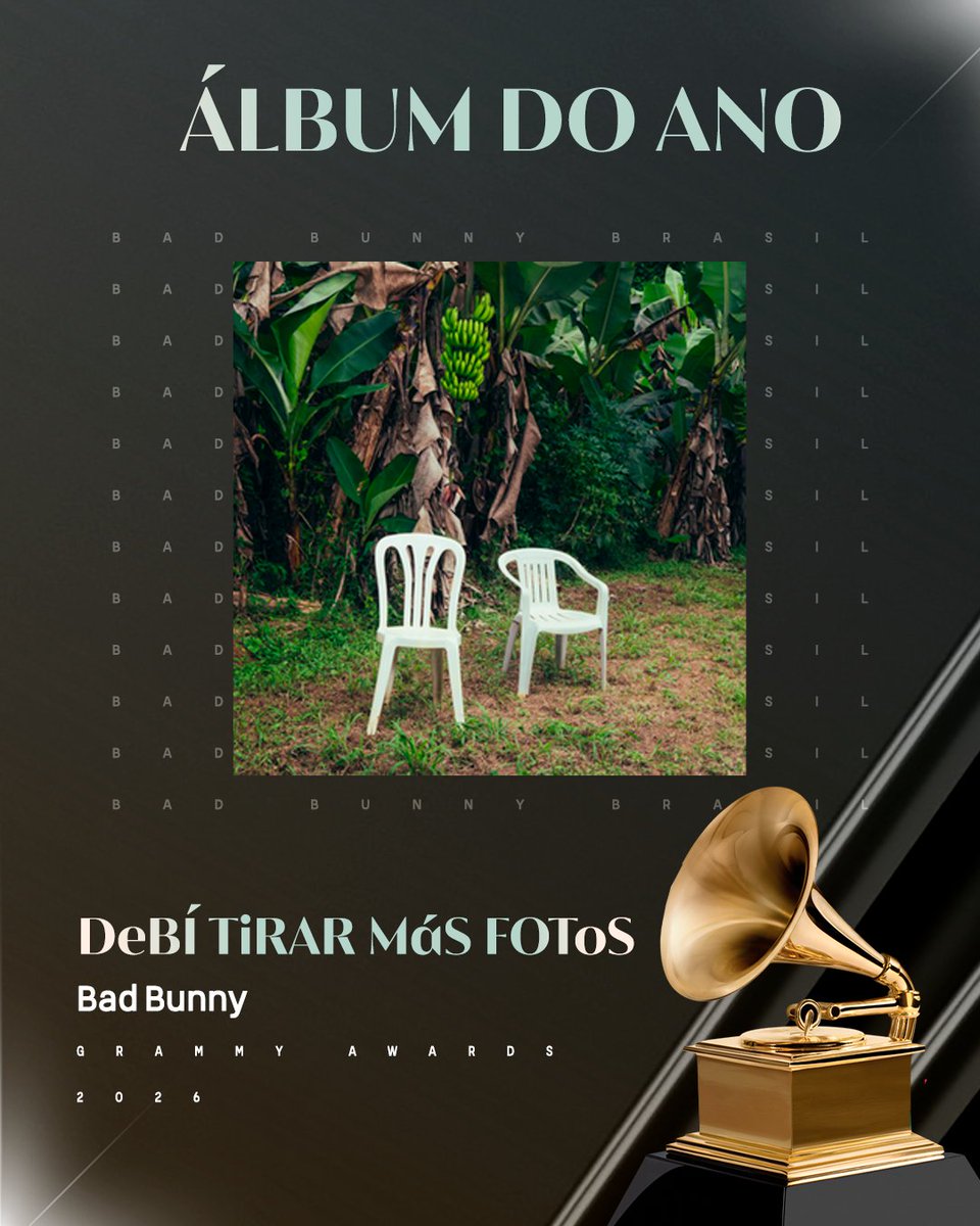 BadBunnyBrasil's tweet photo. 🚨🚨🚨 É DELE!! Bad Bunny VENCEU a categoria de "Álbum do Ano", com o "DeBÍ TiRAR MáS FOToS” no #GRAMMYs 

— Bad Bunny agora possui 3 prêmios na cerimonia de hoje, e 6 no total da carreira. https://t.co/7v7fWWUfbl