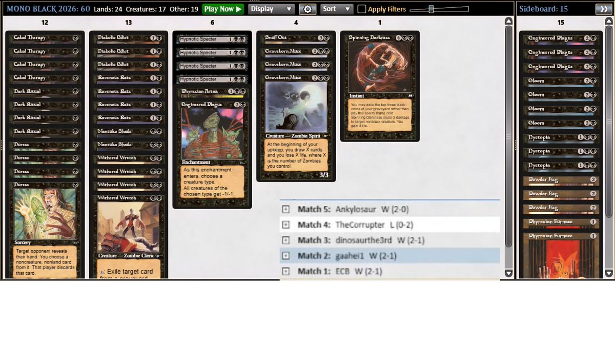 4-1 with a new take on Mono Black Midrange after the Parallax Tide ban!
This week I'll be brewing nonstop with the deck to see if it can really survive in this midrange mess that paper premodern is right now.

<a href="/fireshoes/">Robert Taylor🔥</a> <a href="/premodernmtg/">Premier Premodern</a> <a href="/premodernmagic/">Premodern Magic</a>
