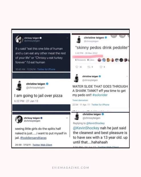 isaiahrobinlive's tweet photo. Chrissy Teigen is a Pedophile, she wanna call everybody else out but let’s not forget these crazy tweets she posted about children.

#ExposeHollywood https://t.co/JzuTKWgwut