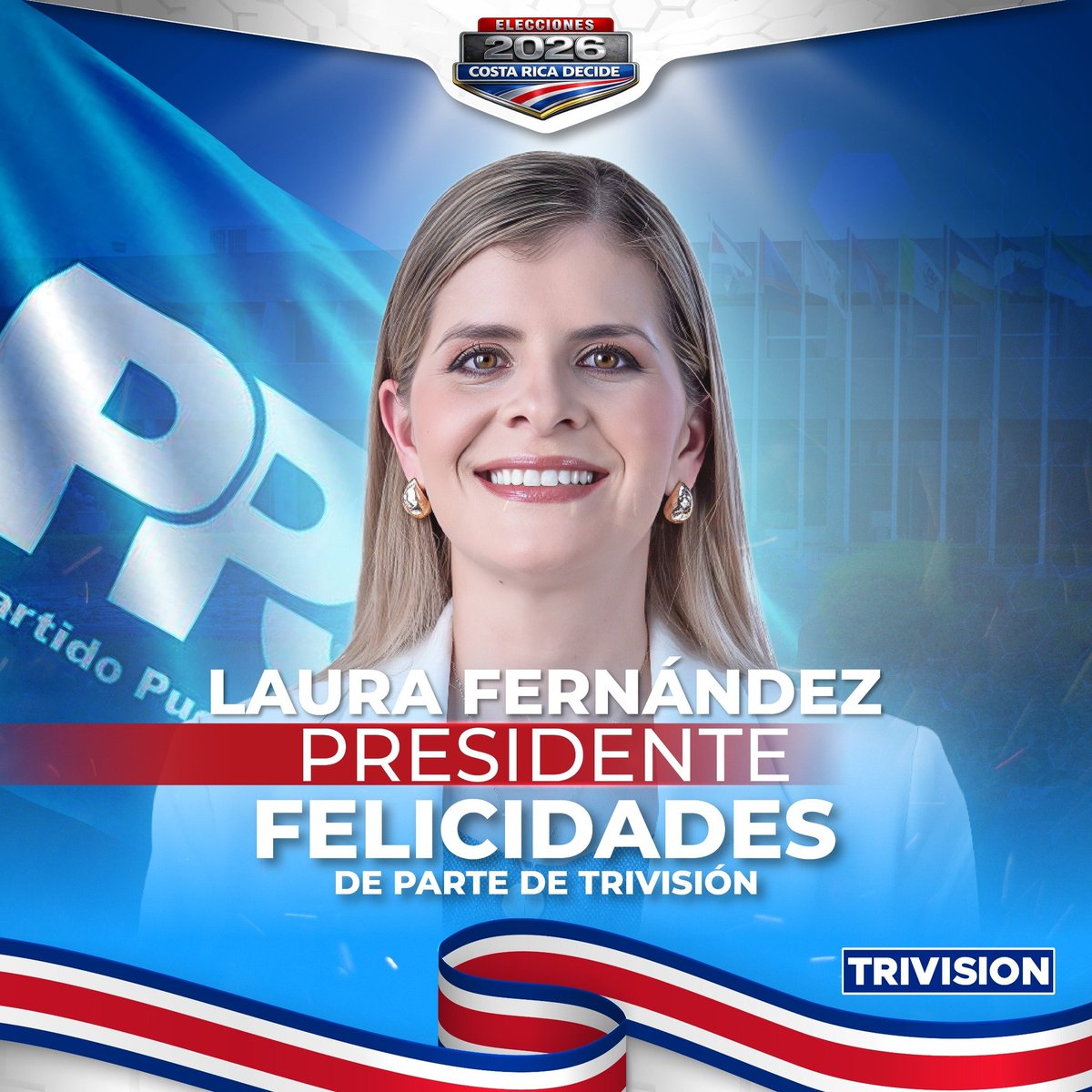 📷 #CostaRicaDecide | De parte de todo el equipo de Trivisión Costa Rica, expresamos nuestras felicitaciones a Laura Fernández Delgado, quien fue electa como nueva Presidente de la República, representando al partido Pueblo Soberano.