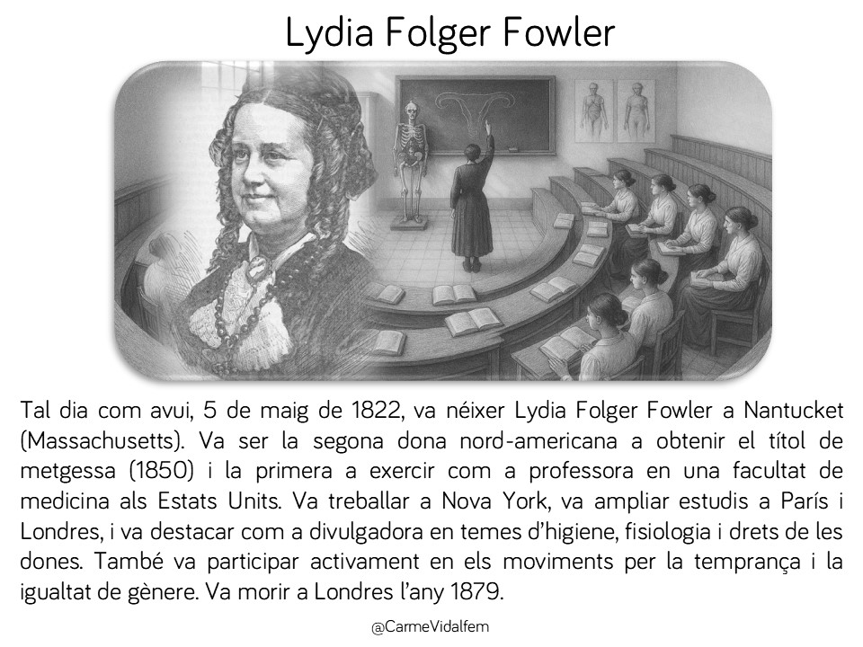 CarmeVidalFem's tweet photo. #taldiacomavui, 5 de maig de 1822, va néixer Lydia Fowler, segona dona metgessa als EUA i primera professora en una facultat de medicina. Va divulgar higiene i drets #donesamedicina #feminismes #metgesses #pioneres #capdonaenoblit 🇺🇸🩺 https://t.co/XcHuUXWV53