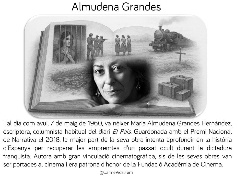 CarmeVidalFem's tweet photo. #taldiacomavui, 7 de maig de 1960, va néixer Almudena Grandes, escriptora que recuperà la memòria històrica de la postguerra espanyola. Sis obres seves foren adaptades al cinema #literatura #memòriahistòrica #escriptores #feminismes #capdonaenoblit #memòriademocràtica 🎬 https://t.co/3VEwaDafka
