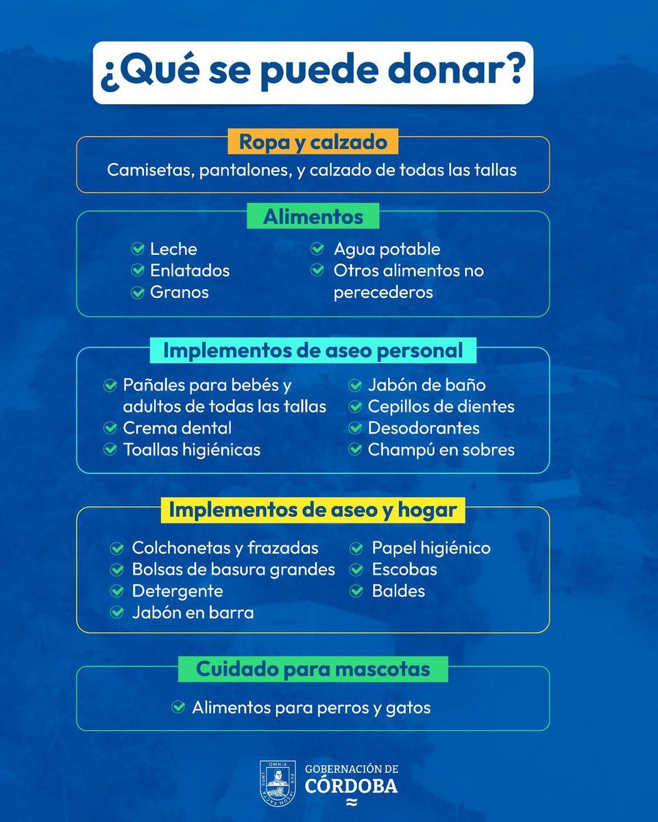 #NoEstánSolos 🤝 Las familias afectadas por la emergencia nos necesitan. Recibimos donaciones para llevarles esperanza y alivio. 

Cada aporte, por pequeño que parezca, hace una gran diferencia.

📍Puntos de recolección:
Sede Gobernación de Córdoba en el 
Centro de Convenciones