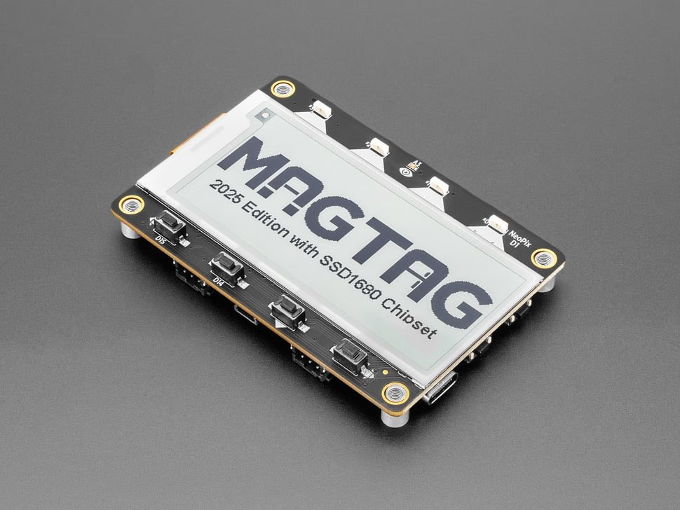 kinotronics's tweet photo. Adafruit MagTag (2025 Edition)
2.9” grayscale e-paper display, Wi-Fi
$34.95 each

Instantly create a conference badge with whatever image or interface you want.  Uses an ESP32-S2, has 4 buttons, STEMMA port, accelerometer, and battery charger. https://t.co/GV2vQ7tT5P