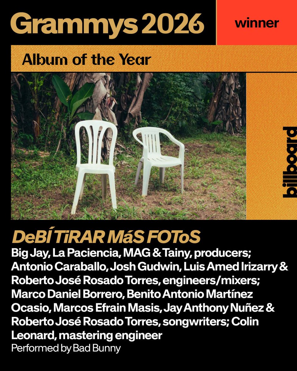 Album of the Year at the 2026 Grammys goes to Bad Bunny's 'DeBÍ TiRAR MáS FOToS' 🏆⁠