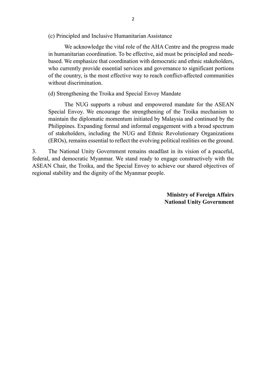 NUGMyanmar's tweet image. MOFA Statement (2/2026) - 1 Feb 2026 

On the ASEAN Foreign Ministers’ Retreat and the Five-Point Consensus 
The #NUG calls on #ASEAN to take concrete steps to end violence, uphold political legitimacy, ensure principled humanitarian assistance, and reinforce the #Troika and SE