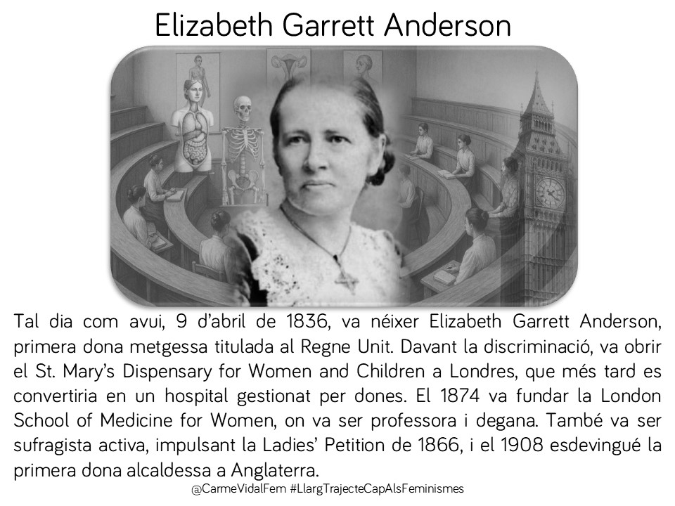 CarmeVidalFem's tweet photo. #taldiacomavui, 9 d’abril de 1836 va néixer Elizabeth Garrett Anderson, primera metgessa titulada al Regne Unit. Va fundar escoles i hospitals per a dones i va ser alcaldessa pionera #donesiciència #sufragi #Medicina #dones #pioneres #metgesses #capdonaenoblit 🇬🇧🏥🩺⚕️ https://t.co/DL4wDZ3iaO