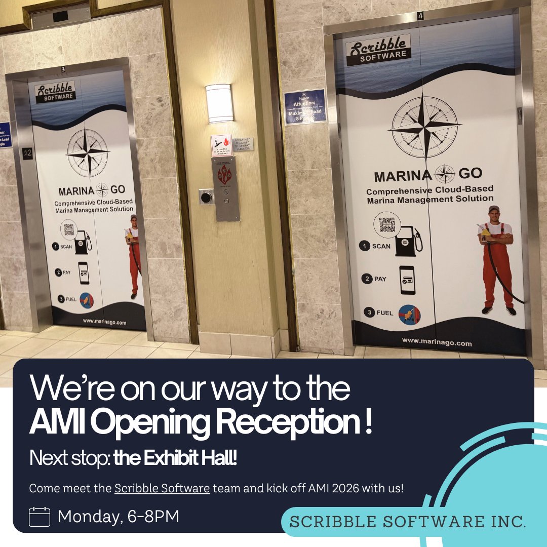 marinasoftware's tweet photo. We’re on our way to the AMI Opening Reception — next stop: the Exhibit Hall!

🗓 Monday | ⏰ 6–8 PM

Come meet the Scribble Software team and kick off AMI 2026 with us.
@marinaassociation

#ScribbleSoftware #MARINAGO #MarinaManagement #MarinaSoftware #MarinaOffice #AMIConfExpo https://t.co/kWO0gbQoHN
