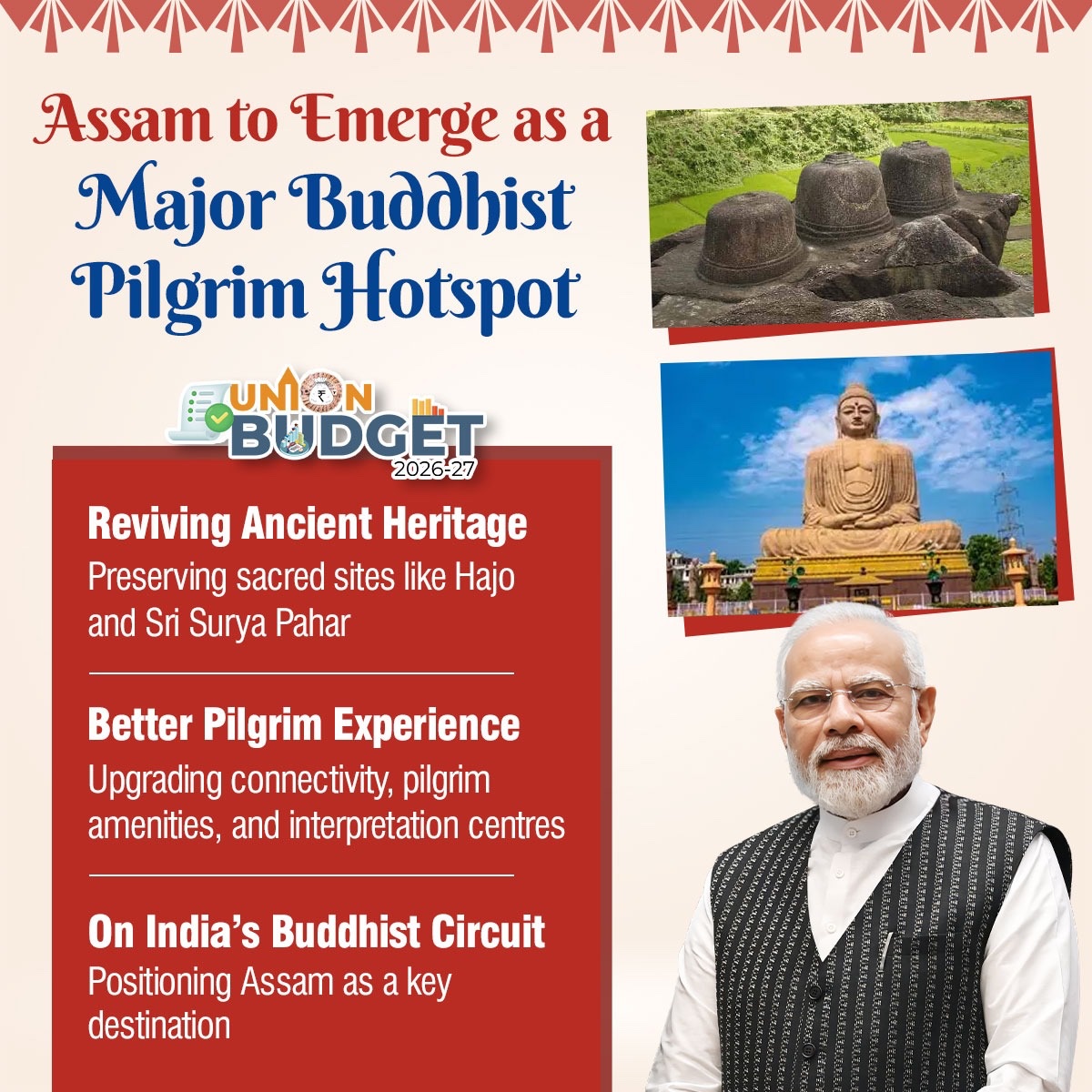 BJPSCMorcha's tweet photo. From Hajo to Sri Surya Pahar, Assam is set to become a key destination for Buddhist pilgrims, with better facilities and seamless connectivity.

#ViksitBharatBudget https://t.co/WNbvSDNvkp
