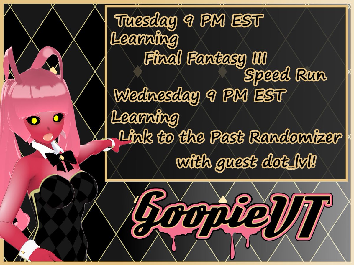 GoopieVT's tweet photo. It's a week of learning on the GoopieVT Channel! 
Tuesday I'll be trying to learn the Final Fantasy III Pixel Remaster  speed run. I've been wanting to do it but can't seem to get to it  outside stream  
Wednesday, I'll be learning the Link to the Past Rando from a special guest! https://t.co/EHklJhupqy
