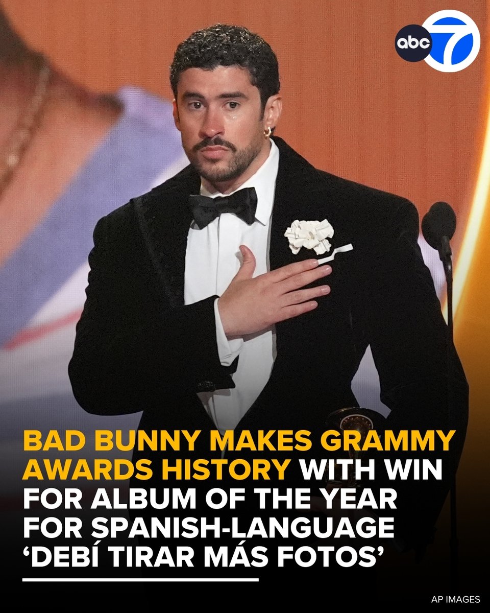 Congrats, Benito! Bad Bunny made Grammy Awards history with his win for album of the year for Spanish-language "Debí Tirar Más Fotos." 📸🪑🪑 abc7.la/3OjbFeY