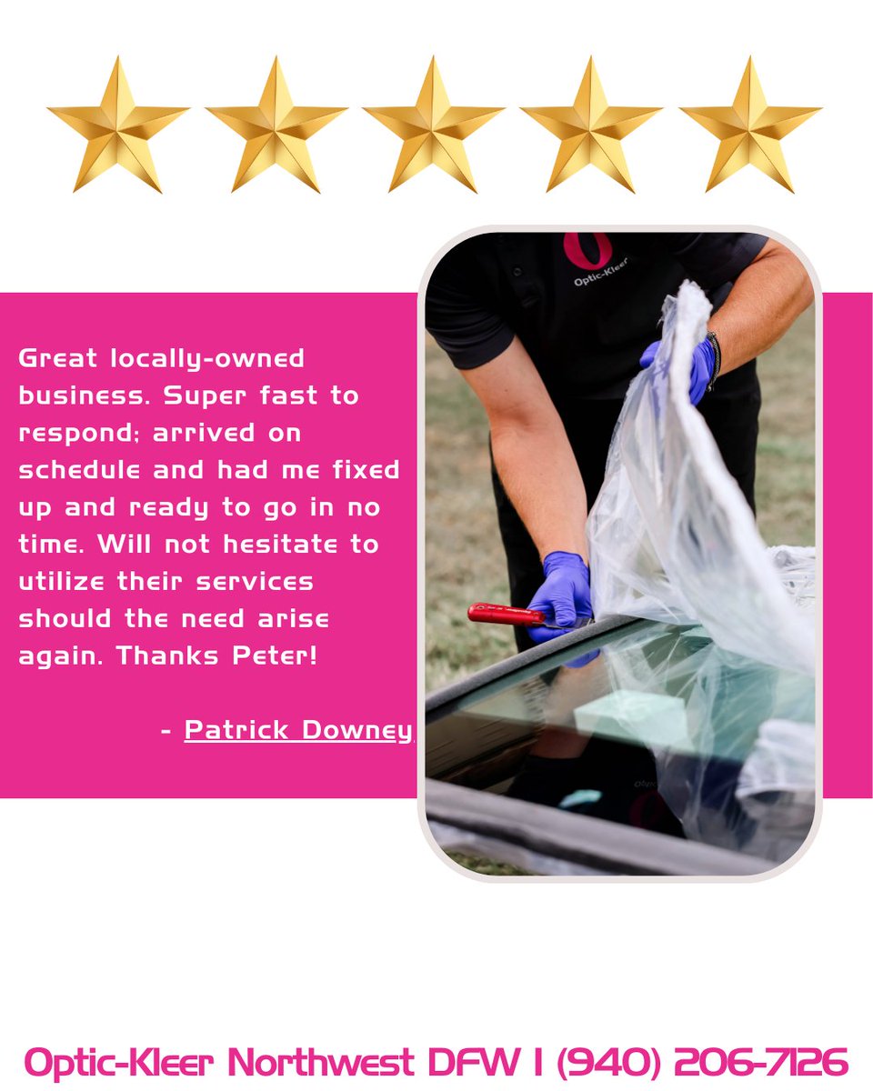 ⭐⭐⭐⭐⭐
Thank you, Patrick, for the kind words and for trusting Peter to take care of your auto glass. We truly appreciate the support and the recommendation. 🚗✔️

☎️ (940) 206-7126

#OpticKleerNorthwestDFW #AutoGlass #NorthFortWorth #TrophyClubTX