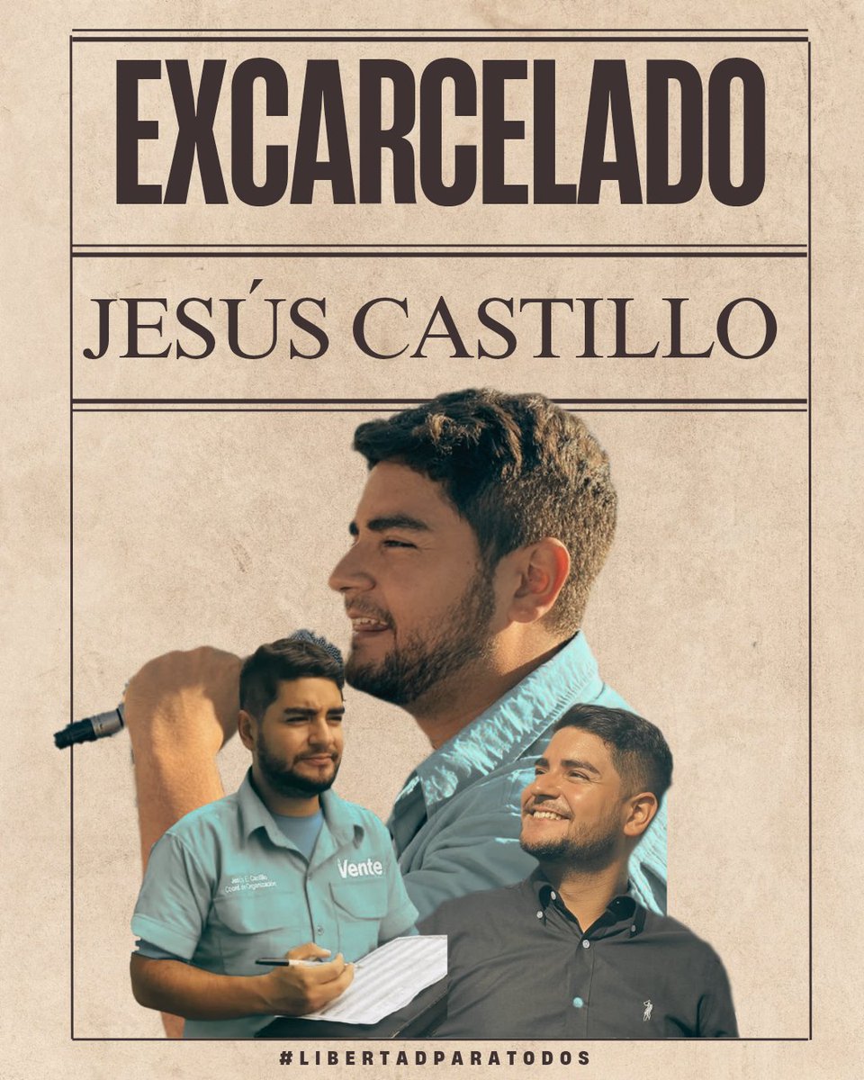📢 Excarcelación de Jesús Castillo  
Tras meses de secuestro y persecución, hoy celebramos la libertad del Coordinador de Organización de Vente Mérida. Su excarcelación es un triunfo de la resistencia y la exigencia de justicia.  

#libertadparatodoslospresospolíticos