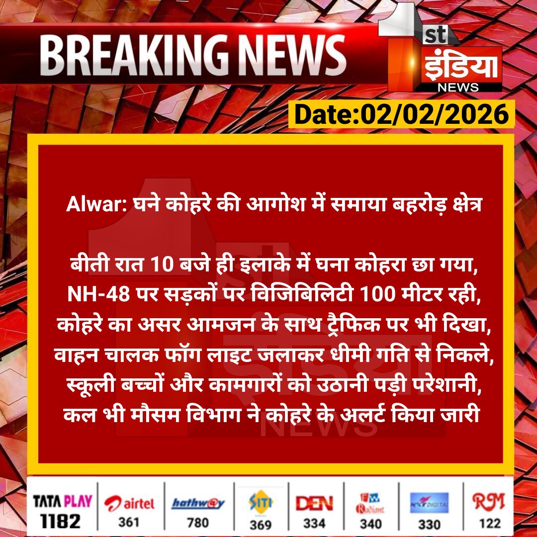 1stIndiaNews's tweet photo. #Alwar: घने कोहरे की आगोश में समाया बहरोड़ क्षेत्र

बीती रात 10 बजे ही इलाके में घना कोहरा छा गया, NH-48 पर सड़कों पर विजिबिलिटी 100 मीटर रही, कोहरे का असर...

#Weather #RajasthanWithFirstIndia https://t.co/K45xJo08TX