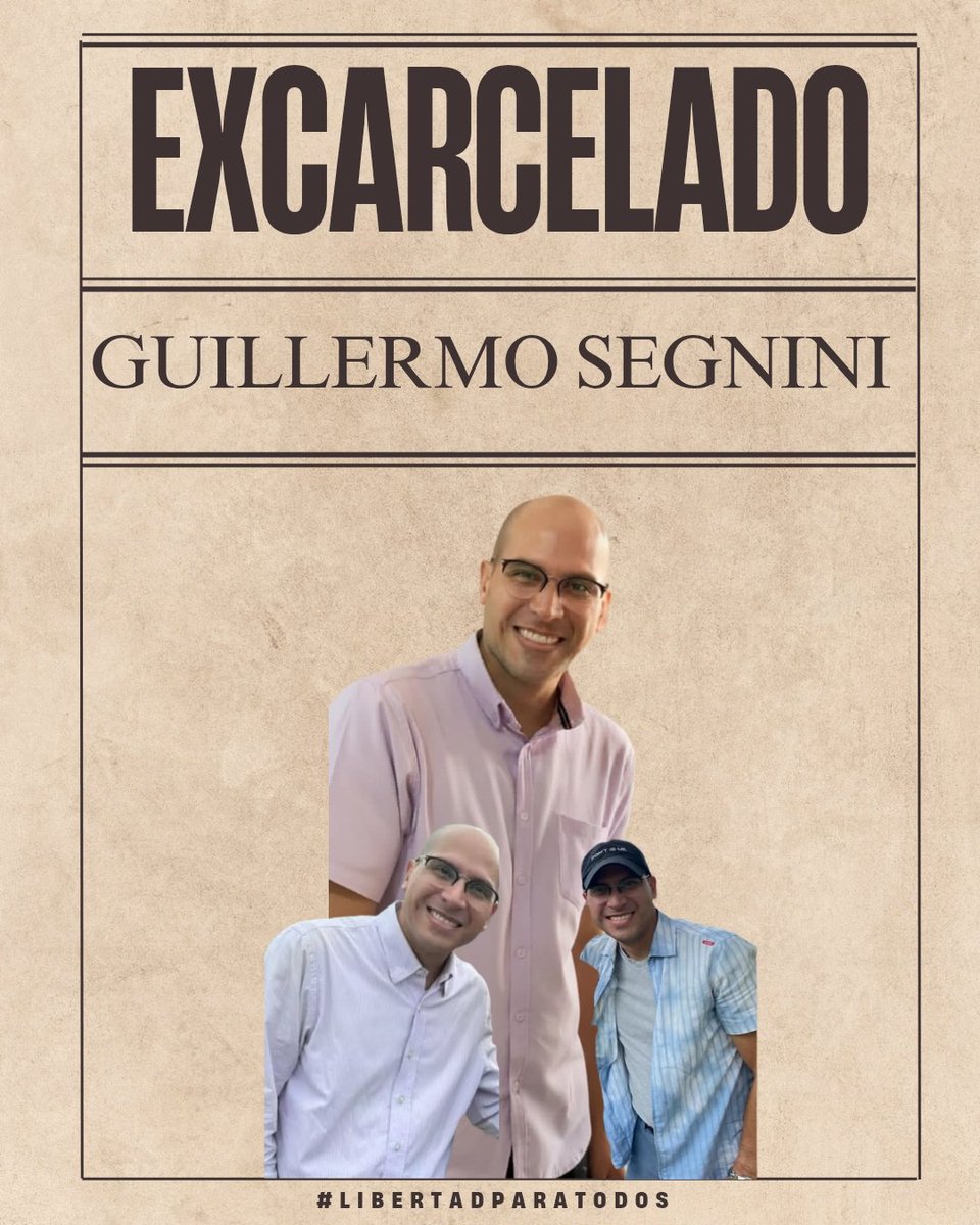 📢 Excarcelación de Guillermo Segnini  
Hoy celebramos la libertad del Coordinador Electoral de Vente Mérida. Su excarcelación es un triunfo de la resistencia ciudadana y de la exigencia de justicia frente a la persecución.  

#libertadparatodoslospresospolíticos