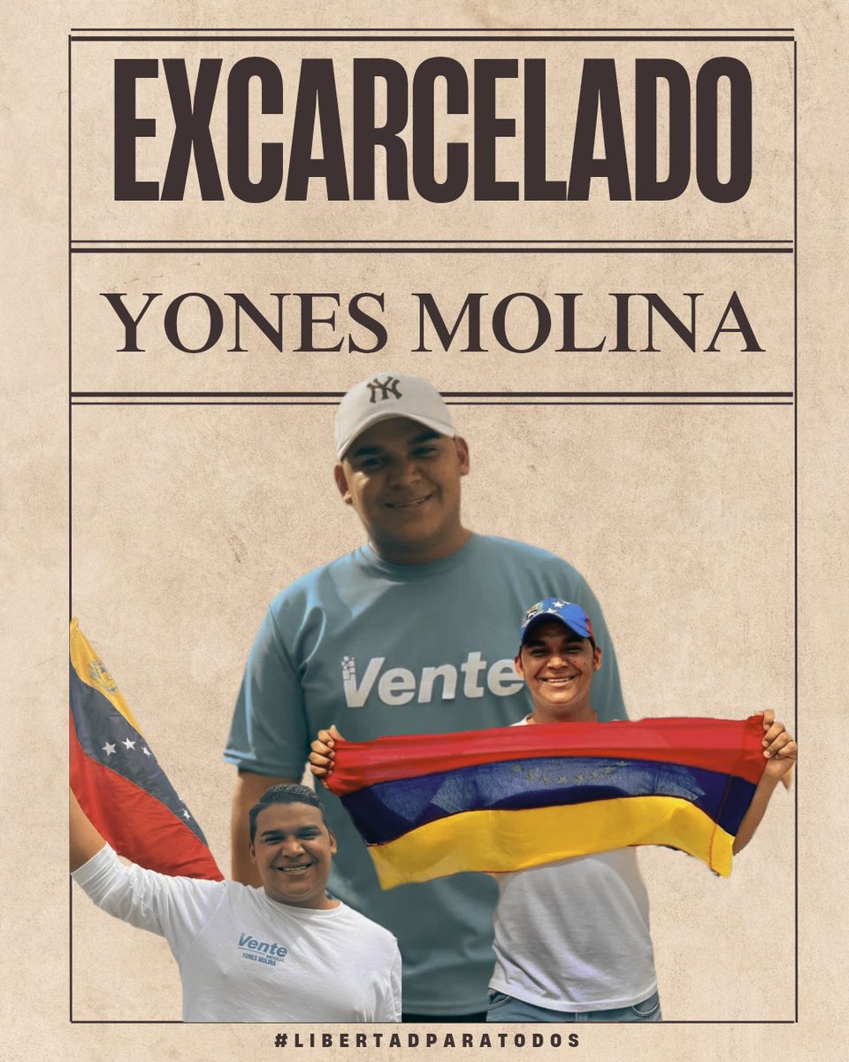 📢 Excarcelación de Yones Molina  
Hoy celebramos la libertad del Coordinador de Comunicaciones de Vente Mérida. Su excarcelación es un triunfo frente a la persecución y una muestra de que la exigencia de justicia no se detiene.  

#libertadparatodoslospresospolíticos