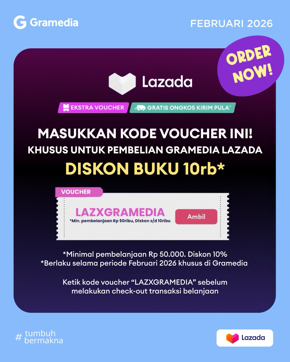 gramedia's tweet photo. ‼️ Punten, punten ‼️

Izinnn, Gramin mau lewat bawa DISKON BUKU DI LAZADA 🤩✨

Kalau kamu mau check out buku di Lazada, jangan lupa pakai kode "LAZXGRAMEDIA" untuk tambahan diskon yaa! 😆🤍

📆 Sampai 28 Februari 2026