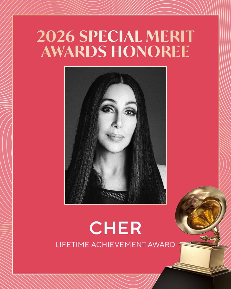 warnerrecords's tweet image. Congratulations to @Cher for receiving the 2026 Recording Academy Lifetime Achievement Award at this year’s 68th Annual GRAMMYs.