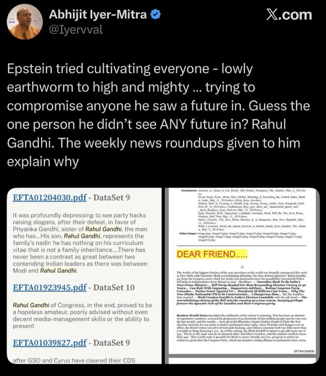 Rest of the world: “He’s in the Epstein Files. He’s a monster.”

An average Indian incel: “Guys Rahul Gandhi isn’t in the Epstein Files that means he’s so bad”